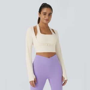 Halara SoftlyZero Plush Halter Thumb Hole Long Sleeve Cropped 2-in-1 Yoga Top S